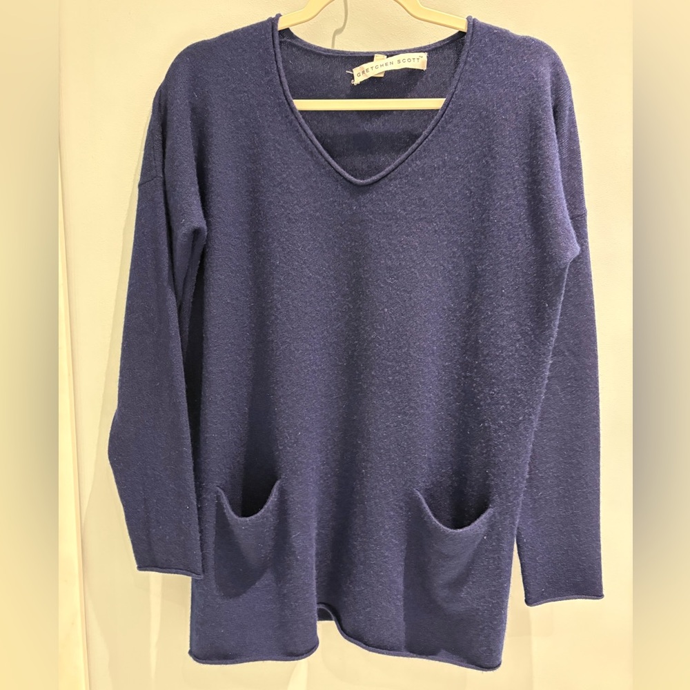 Gretchen Scott Navy Blue V-Neck 100% Cashmere Sweater